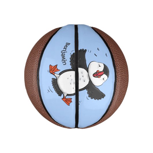 かわいい飛んでいるハッピーパフィン青い漫画イラストレーション ミニバスケットボール (縦)