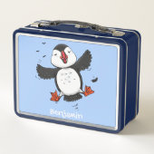 かわいい飛んでいるハッピーパフィン青い漫画イラストレーション メタルランチボックス (裏面)