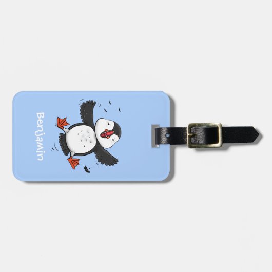 かわいい飛んでいるハッピーパフィン青い漫画イラストレーション ラゲッジタグ (正面横)