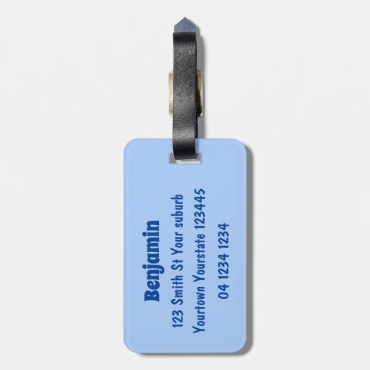 かわいい飛んでいるハッピーパフィン青い漫画イラストレーション ラゲッジタグ (裏面縦)