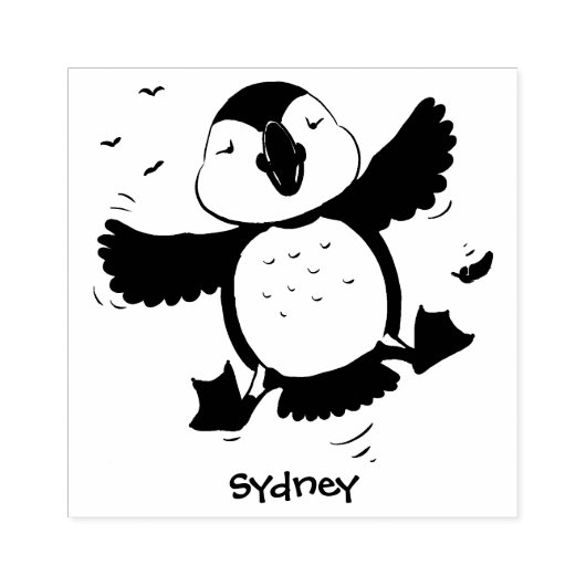 かわいい飛んでいるハッピーパフィン青い漫画イラストレーション ラバースタンプ (インプリント)