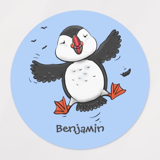 かわいい飛んでいるハッピーパフィン青い漫画イラストレーション ラベル (デザイン2)