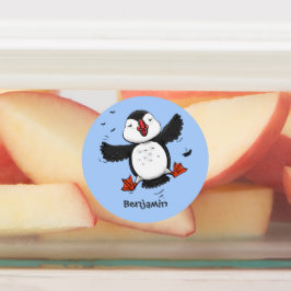 かわいい飛んでいるハッピーパフィン青い漫画イラストレーション ラベル