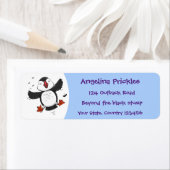 かわいい飛んでいるハッピーパフィン青い漫画イラストレーション ラベル (インサイチュ)