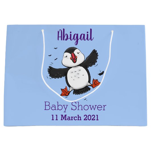 かわいい飛んでいるハッピーパフィン青い漫画イラストレーション ラージペーパーバッグ (正面)