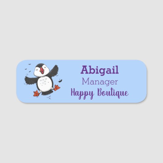 かわいい飛んでいるハッピーパフィン青い漫画イラストレーション 名札 (正面)