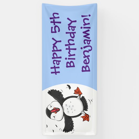 かわいい飛んでいるハッピーパフィン青い漫画イラストレーション 横断幕 (縦)