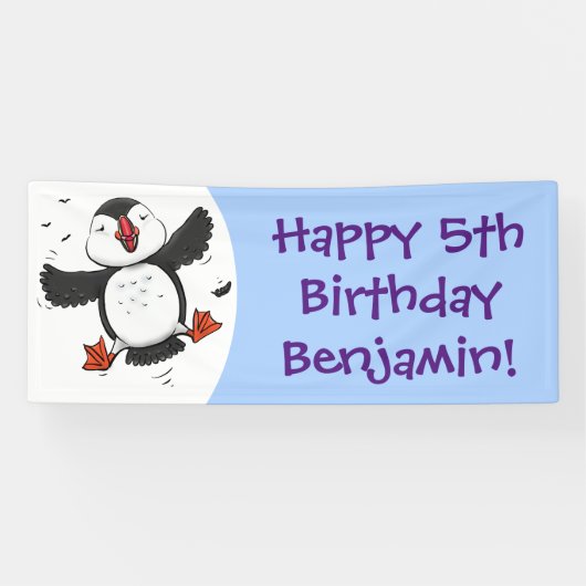 かわいい飛んでいるハッピーパフィン青い漫画イラストレーション 横断幕 (横)