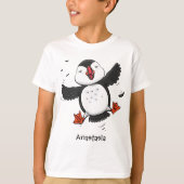 かわいい飛んでいるハッピーパフィン青い漫画イラストレーション Tシャツ (正面)