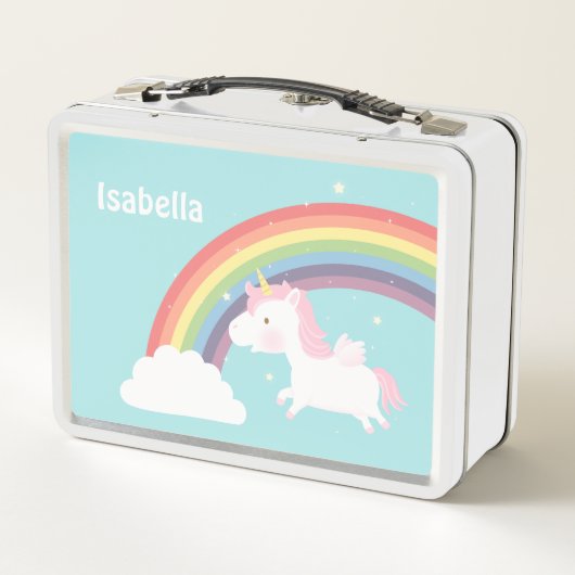 かわいい飛んでいるユニコーン虹の女のパーソナライズされた子 メタルランチボックス (裏面)
