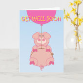 かわいい飛んでいる豚と風船 カード (黄色い花)