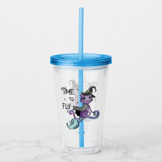 かわいい飛んでいる魔女猫 |飛行の時間 アクリルタンブラー (正面)