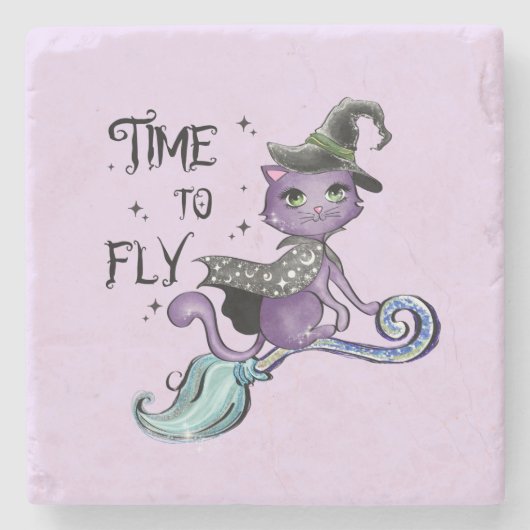 かわいい飛んでいる魔女猫 |飛行の時間 ストーンコースター (正面)