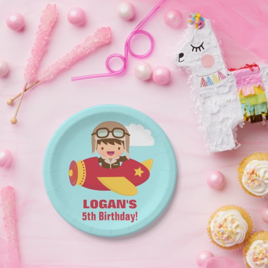 かわいい飛行士の男の子の飛行機の誕生会 ペーパープレート (パーティー)
