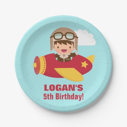 かわいい飛行士の男の子の飛行機の誕生会 ペーパープレート (正面)