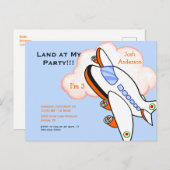 かわいい飛行機が私の誕生日パーティーに青 インビテーションポストカード (正面/裏面)