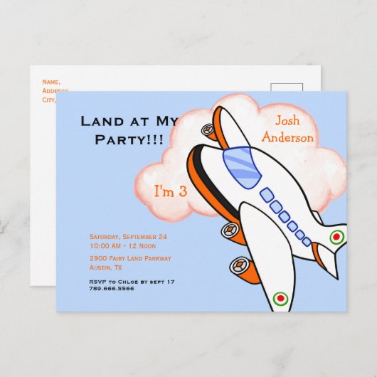 かわいい飛行機が私の誕生日パーティーに青 インビテーションポストカード (正面/裏面)