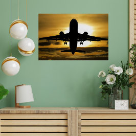 かわいい飛行機と夕日の写真、楽しい航空 ポスター