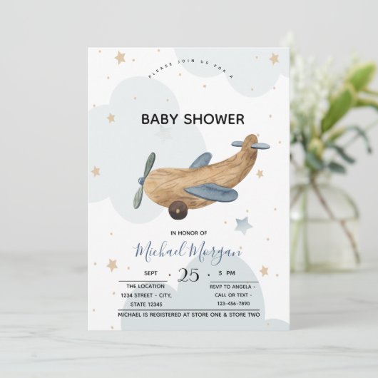 かわいい飛行機のおもちゃと雲のベビーシャワー 招待状 (スタンド正面)