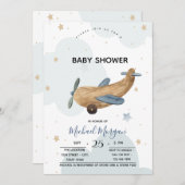 かわいい飛行機のおもちゃと雲のベビーシャワー 招待状 (正面/裏面)