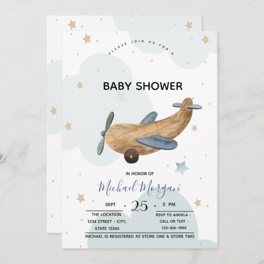 かわいい飛行機のおもちゃと雲のベビーシャワー 招待状 (正面/裏面)