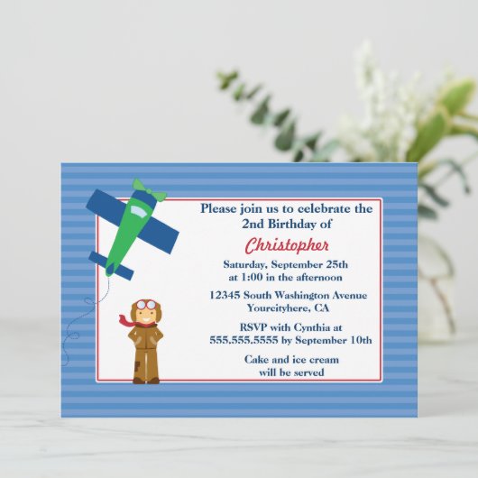 かわいい飛行機のパイロット少年誕生パーティーの招待 招待状 (スタンド正面)