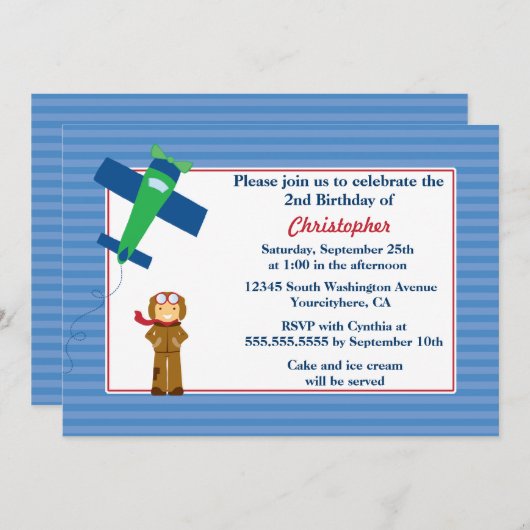 かわいい飛行機のパイロット少年誕生パーティーの招待 招待状 (正面/裏面)