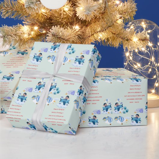 かわいい飛行機の子供の誕生日招待状 ラッピングペーパー (クリスマス)
