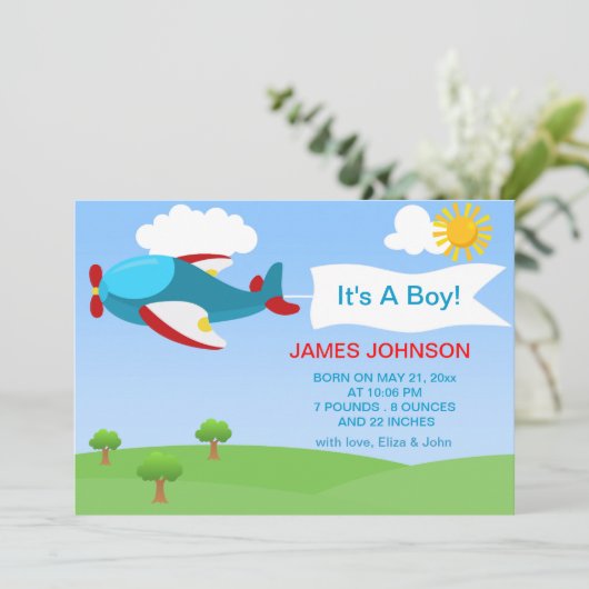 かわいい飛行機の男の子のベビーの誕生の発表カード 案内状 (スタンド正面)