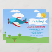 かわいい飛行機の男の子のベビーの誕生の発表カード 案内状 (正面/裏面)