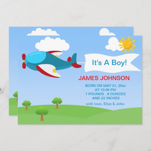 かわいい飛行機の男の子のベビーの誕生の発表カード 案内状 (正面/裏面)