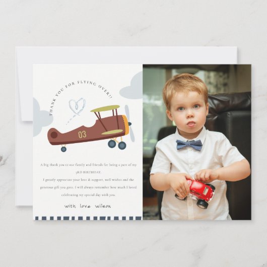 かわいい飛行機クラウドハートキッズフォト誕生日 サンキューカード (正面)