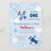 かわいい飛行機スターズクラウドファースト誕生日 招待状 (正面/裏面)