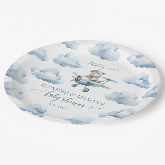 かわいい飛行機テディベア赤ちゃんシャワー紙プレート ペーパープレート (アングル)