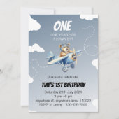 かわいい飛行機ベアパイロット1st誕生日招待状 招待状 (正面)