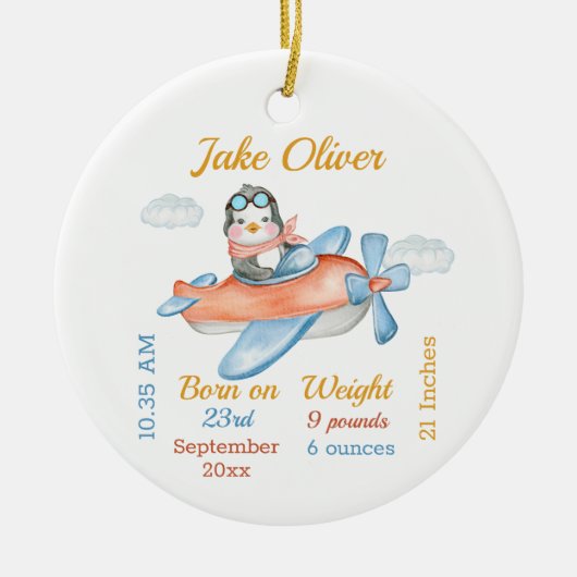 かわいい飛行機ペンギン男の赤ちゃん統計セラミックオルナム セラミックオーナメント (正面)