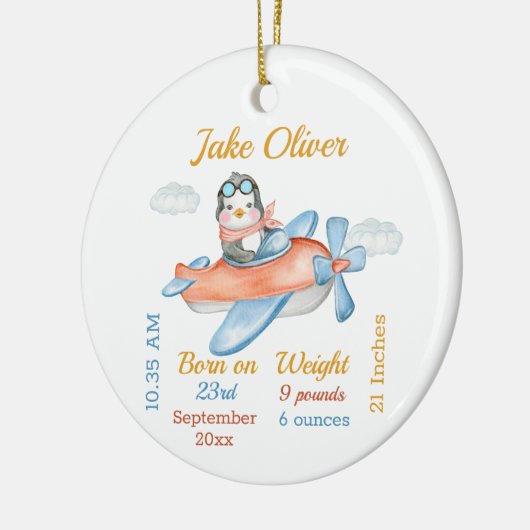 かわいい飛行機ペンギン男の赤ちゃん統計セラミックオルナム セラミックオーナメント (左)