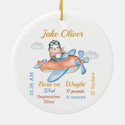 かわいい飛行機ペンギン男の赤ちゃん統計セラミックオルナム セラミックオーナメント (裏面)