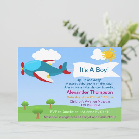 かわいい飛行機ボーイベビーシャワー招待状 招待状 (スタンド正面)