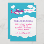 かわいい飛行機女子ベビー誕生のお知らせカード 案内状 (正面/裏面)