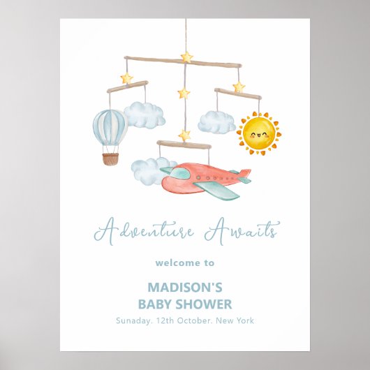 かわいい飛行機 熱気球 ベビーシャワー ウェルカム ポスター (正面)