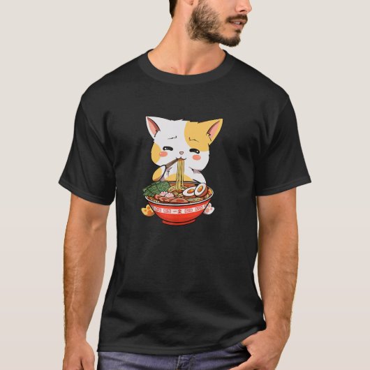 かわいい食べアニメ猫ラーメン日本の猫 Tシャツ (正面)