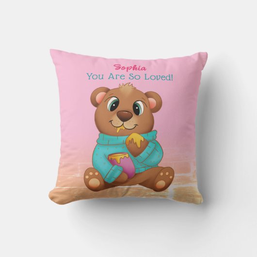 かわいい食べクマのハチミツお子様の名前&メッセージ クッション (正面)