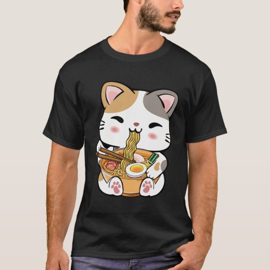 かわいい食べ物猫ラーメンかわいいアニメ猫R Tシャツ (正面)