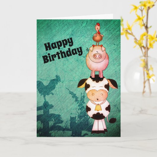 かわいい飼育動物の牛、豚とロスター誕生日 カード (黄色い花)