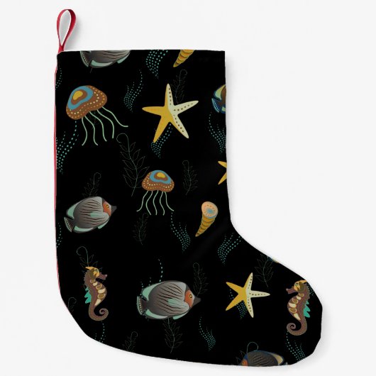 かわいい飾り魚の継ぎ目のない模様 スモールクリスマスストッキング (正面)