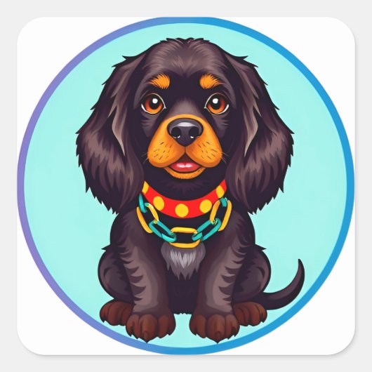 かわいい首輪の動く犬 スクエアシール (正面)