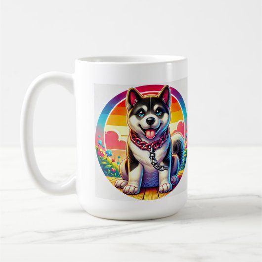 かわいい首輪をつけたアニメ調の子犬 コーヒーマグカップ (左)