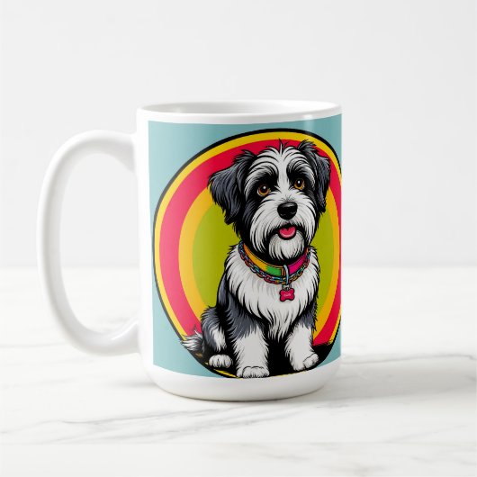 かわいい首輪をつけたアニメ調の子犬 コーヒーマグカップ (左)