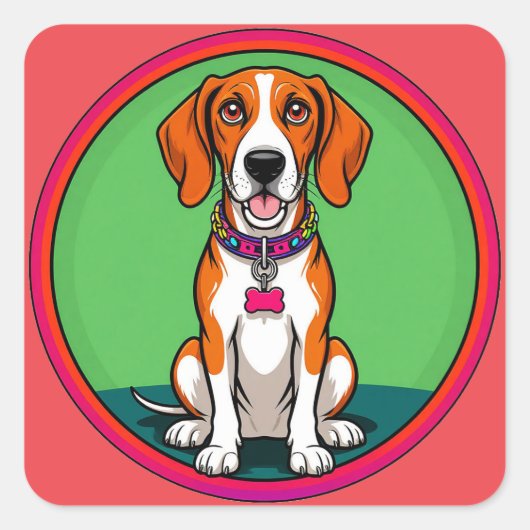 かわいい首輪をつけたアニメ調の子犬 スクエアシール (正面)
